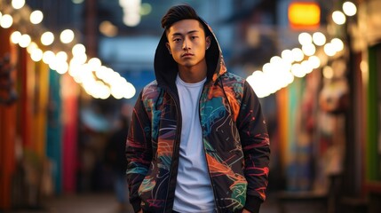 Portrait of a young Asian man in an urban setting at dusk - obrazy, fototapety, plakaty