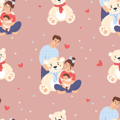 Happy family Seamless pattern. Cute woman with baby, man husband and large white bear toy on pink background. Vector illustration in flat style. Festive design.