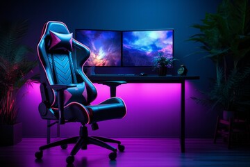Powerful Personal Computer Gamer Rig with First-Person Shooter Game on Screen. Monitor Stands on the Table at Home. Cozy Room with Modern Design is Lit with Pink Neon Light. - obrazy, fototapety, plakaty