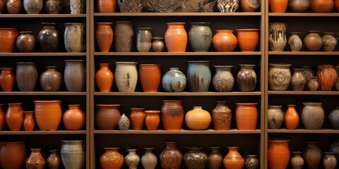 Assorted ceramic pottery on shelves for interior decoration or craft - obrazy, fototapety, plakaty