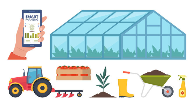 Different farm elements. Greenhouse, fertilizers, tractor, cart. Smart farming. Smartphone with app for control plants growing. Vector illustration.