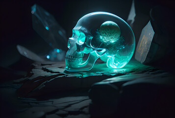 glowing chrystal skull with a brain in it