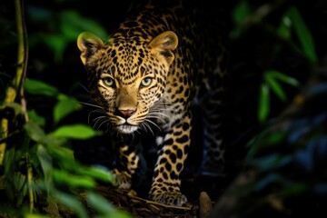 Leopard emerging from the shadows wildlife concept