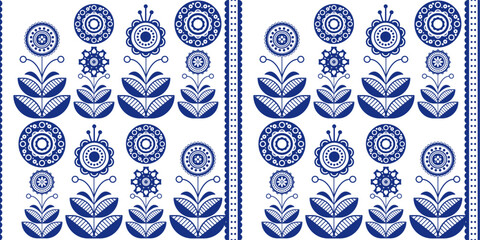 Scandinavian floral design, folk art decoration with flowers. Scandinavian retro background of blue flowers and white background.