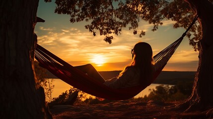 A girl is silhouetted in a hammock among trees while people are on vacation.