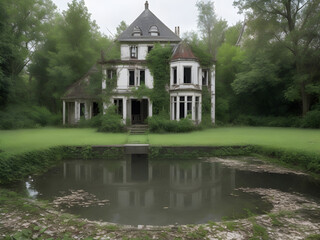 Fototapeta na wymiar Abandoned mansion covered trees pond