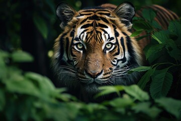 Close-up of a Tiger Peering Through Foliage in a Natural Environment