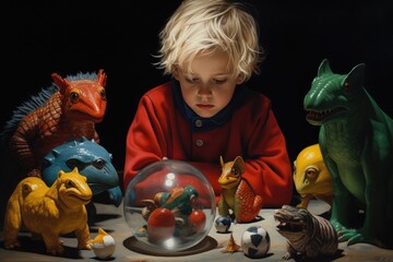Image of a little sad boy near dinosaur toys on a dark background