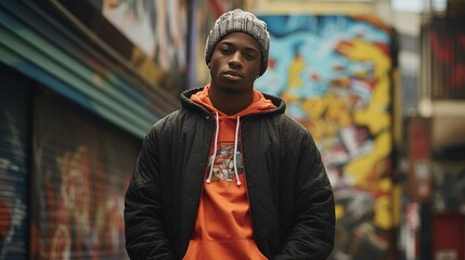 Portrait of a young African American man in urban setting for fashion and lifestyle concepts