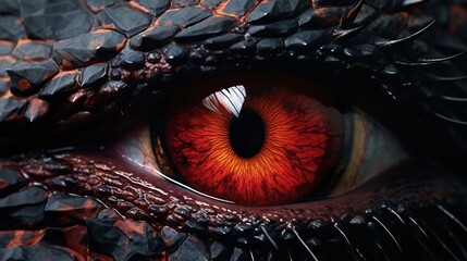 Closeup red eye of fantasy Dragon. - obrazy, fototapety, plakaty
