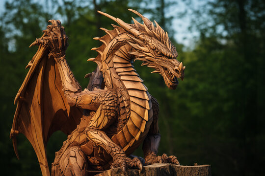 Outdoor photo of a wooden sculpture of a dragon, 2024 chinese and asian year of the dragon celebration, new year greeting card