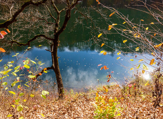 autumn day on a mountain lake of karst origin surrounded by a yellowing forest