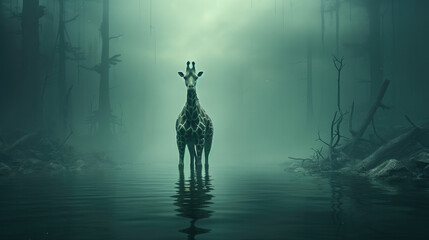Futuristic Green Giraffe on Moonlit Water, Surreal Minimalist Panorama

