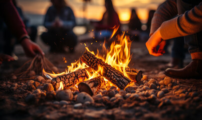 Warm campfire flames burning bright logs on a sandy beach with hands of people toasting marshmallows in the background at dusk - obrazy, fototapety, plakaty