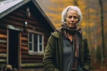 Senior woman in front of rustic cabin possibly for lifestyle or travel concept