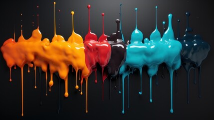 Spots of colored tempera on a black surface, yellow, red, blue, orange tempera