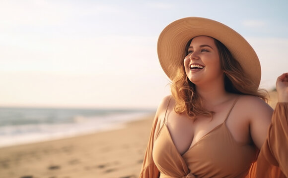 Cheerful chubby adorable young woman in beige beach dress and straw hat on sand sea beach background