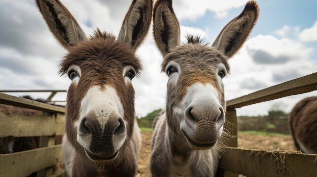 Closeup shot of two donkeys on a farm