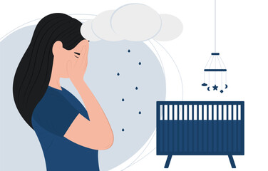 White woman with postpartum depression. Young mother covered her face and cried. Mental health. Womens psychology. Emotional burnout.