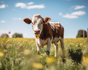 Cow in a sunny field of flowers agricultural and dairy industry setting