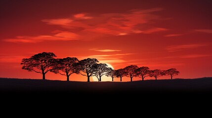 Fototapeta na wymiar As daylight fades, the trees become a silhouette against the radiant colors of a beautiful spring sunset.