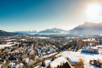 Panoramic view of the historic city of Salzburg from famous Hohensalzburg Fortress in winter in , Salzburger Land, Austria
