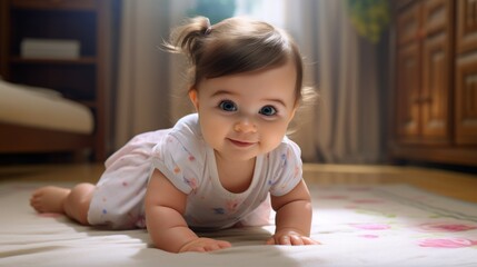 Naklejka premium Cute little baby looking at the camera and learning to crawl on the floor in a bright living room. card, banner, health, space for text. High quality photo