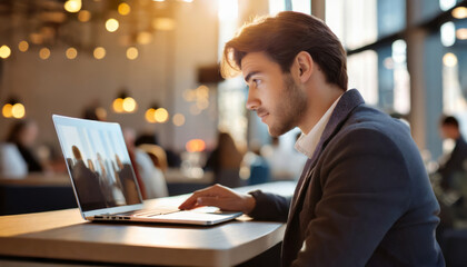 Modern Entrepreneur: Young Caucasian Businessman Using Laptop at Desk