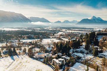 Panoramic view of the historic city of Salzburg from famous Hohensalzburg Fortress in winter in ,...