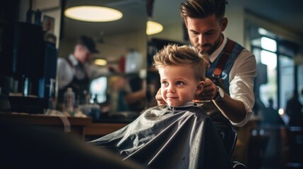 Cute little boy at the barber shop getting his haircut  - obrazy, fototapety, plakaty