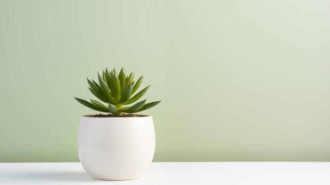 Fototapeta Green succulent in a minimalist white vase, Green background, Copy space, Generative AI