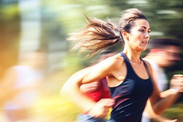 jeune femme sportive en plein effort lors d'une course à pied, effet de vitesse, flou de bouger