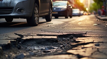 Damaged asphalt pavement road with potholes in city, car near potholes - obrazy, fototapety, plakaty
