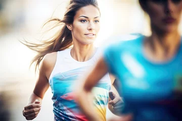 Foto op Plexiglas jeune femme sportive en plein effort lors d'une course à pied, effet de vitesse, flou de bouger © sebastien jouve