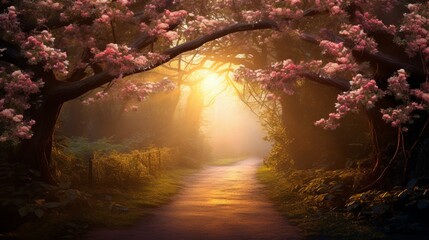 As the day fades, the sun's golden rays dance through the branches, creating a magical springtime scene.