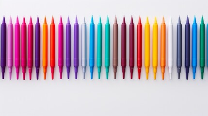 A striking overhead shot of an assortment of felt-tip pens in an organized manner, each color popping against a bright white backdrop.