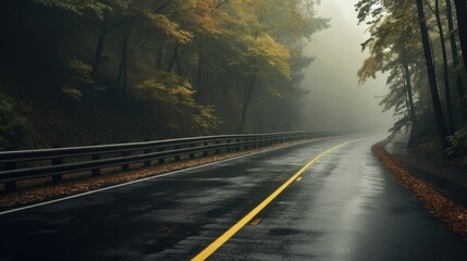 Fototapeta premium Dangerous autumn road in fog and rain 