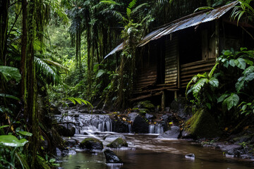 Fototapeta na wymiar a hut in the jungle with waterfall. Generative Ai