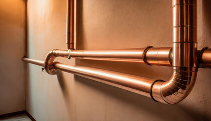 Vintage Copper Pipe Against White Wall: Plumbing Equipment and Industrial Design