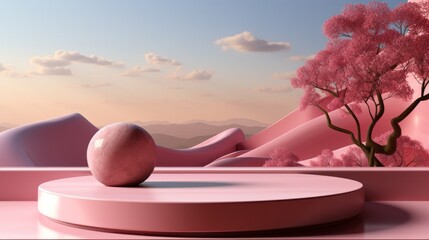 Background products minimal podium scene on nature podium for products in pink color in cute style 3D render.