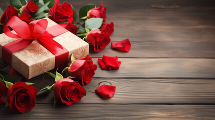Wooden background featuring scattered red rose petals and a beautifully wrapped gift, setting the stage for an unforgettable Valentine's Day