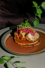 Roasted pork tenderloin сlose-up. Juicy and succulent oven-baked pieces of meat served with red cabbage, greens, onion, potato pancakes, sauce. Plate on a table in a restaurant. Dinner concept, banner