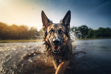 Un chien berger allemand mouillé jouant dans l'eau - obrazy, fototapety, plakaty