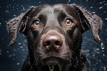 Un chien labrador retriever mouillé jouant dans l'eau - obrazy, fototapety, plakaty