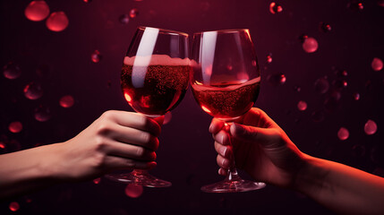 two hands elegantly clink glasses against a stylish background, creating an atmosphere of shared happiness and connection