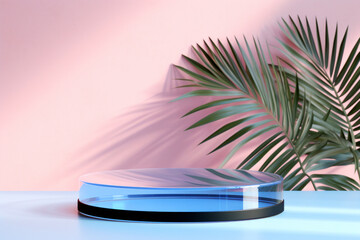 Transparent acrylic cylindric platform with tropical palm leaf on minimal pink background. Product advertisement concept