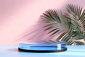 Fotobehang Transparent acrylic cylindric platform with tropical palm leaf on minimal pink background. Product advertisement concept © Cherstva