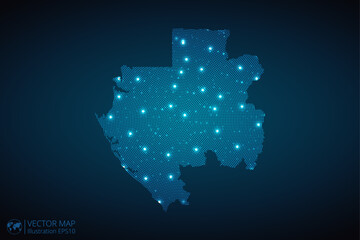 Gabon map radial dotted pattern in futuristic style, design blue circle glowing outline made of stars. concept of communication on dark blue background. Vector illustration EPS10