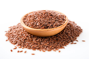 flaxseed in wooden bowl on white background - obrazy, fototapety, plakaty