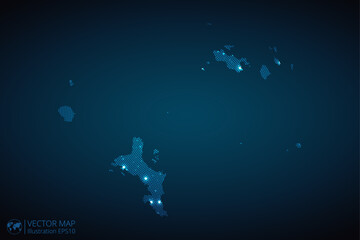 Fototapeta na wymiar Seychelles map radial dotted pattern in futuristic style, design blue circle glowing outline made of stars. concept of communication on dark blue background. Vector illustration EPS10